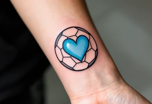 A minimalist black outline of a soccer ball with a single blue heart at its center. tattoo idea