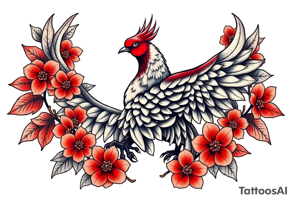 powerful japanese phenix surrounded by maple leaf and cherry blossom tattoo idea
