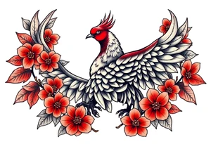 powerful japanese phenix surrounded by maple leaf and cherry blossom tattoo idea