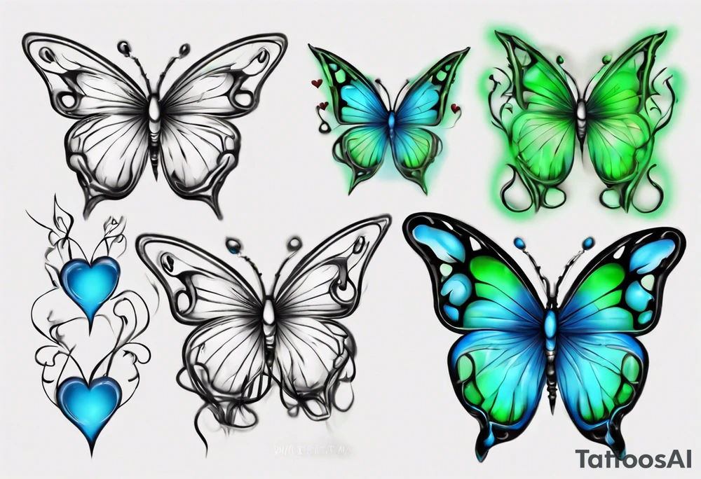 4 small blue and green butterflies, with 4 small 3D hearts, light in color, with some sort of vine intertwining them. tattoo idea