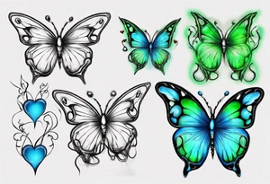 4 small blue and green butterflies, with 4 small 3D hearts, light in color, with some sort of vine intertwining them. tattoo idea