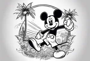 mickey mouse holding lightning with palm trees doing martial arts at the disney castle tattoo idea