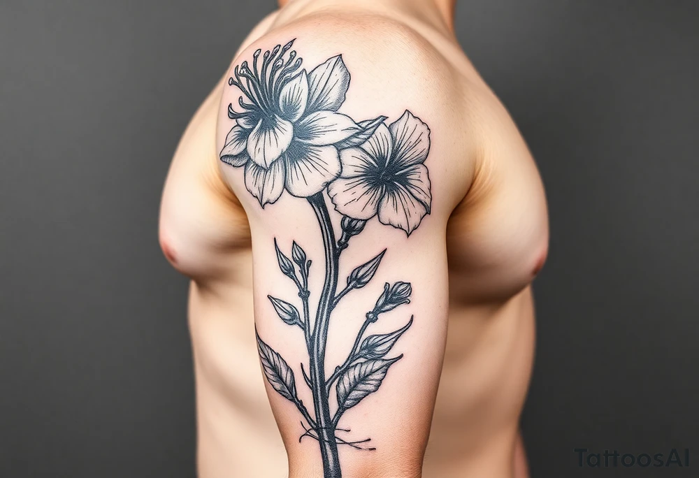 Aconitum flower going up the arm with details tattoo idea