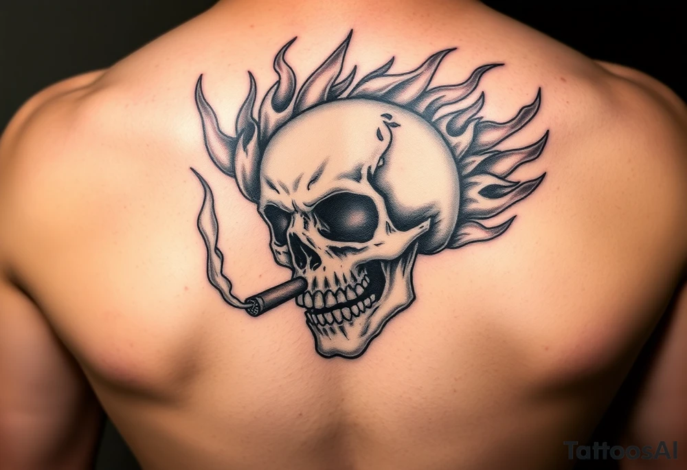 Skull engulfed in vibrant flames, cigar smoldering in its jaw. tattoo idea