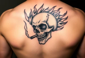 Skull engulfed in vibrant flames, cigar smoldering in its jaw. tattoo idea