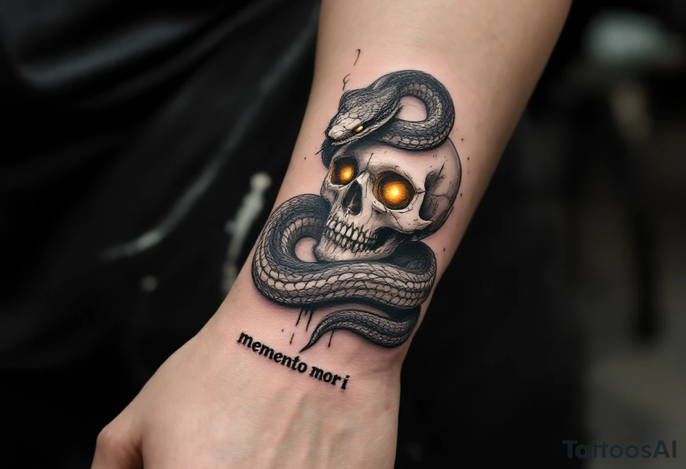 A snake coiled around a white skull, eyes glowing yellow, with "memento mori" beneath in crumbling black ink. tattoo idea