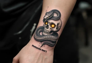 A snake coiled around a white skull, eyes glowing yellow, with "memento mori" beneath in crumbling black ink. tattoo idea