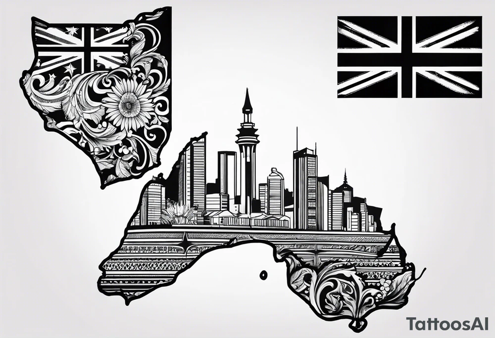New Zealand map outline behind it and southern cross tattoo idea