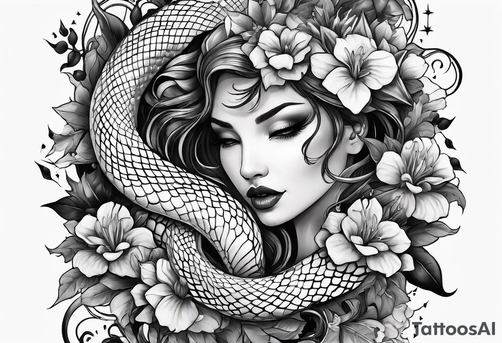 A long tattoo that includes a snake, books, stars and poisonous flowers tattoo idea