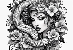 A long tattoo that includes a snake, books, stars and poisonous flowers tattoo idea