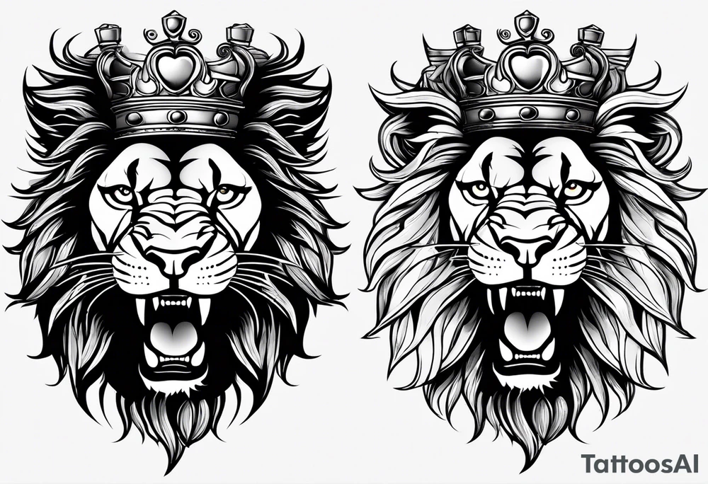 lion with a crown and sparkling eyes and mouth open teeth showing and blood coming out tattoo idea