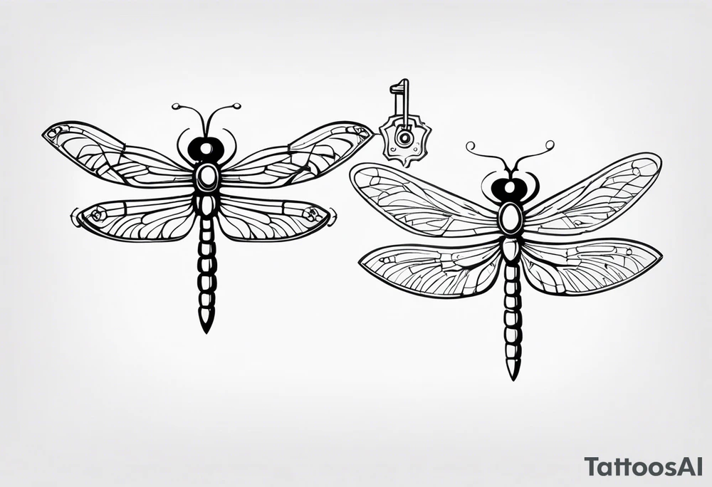 2 Dragonflies one with a lock as the chest
and the other has a key for the tail fine black line style tattoo idea