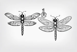 2 Dragonflies one with a lock as the chest 
and the other has a key for the tail fine black line style tattoo idea