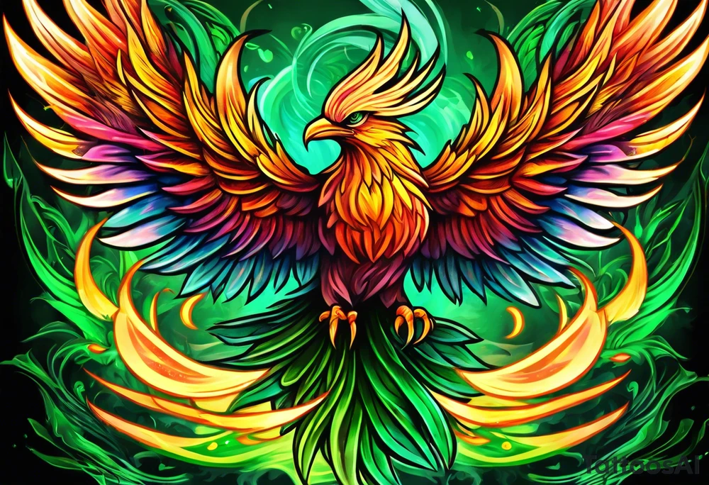 Phoenix Bright colours rising from green flames that destroyed it tattoo idea