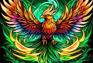 Phoenix Bright colours rising from green flames that destroyed it tattoo idea