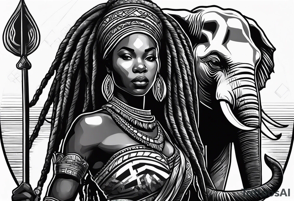 African woman warrior with dreadlocks, holding a spear with elephant in a background tattoo idea