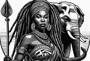 African woman warrior with dreadlocks, holding a spear with elephant in a background tattoo idea