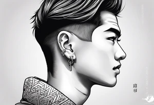 Tattoo behind the ear saying “only one life” in Japanese on male tattoo idea