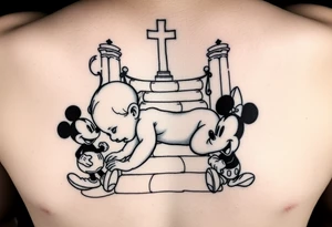 Babyboy crawling up to gods stairway to heaven surrounded wit baby mickey mouse and baby Minnie mouse baby winnie the poo tattoo idea