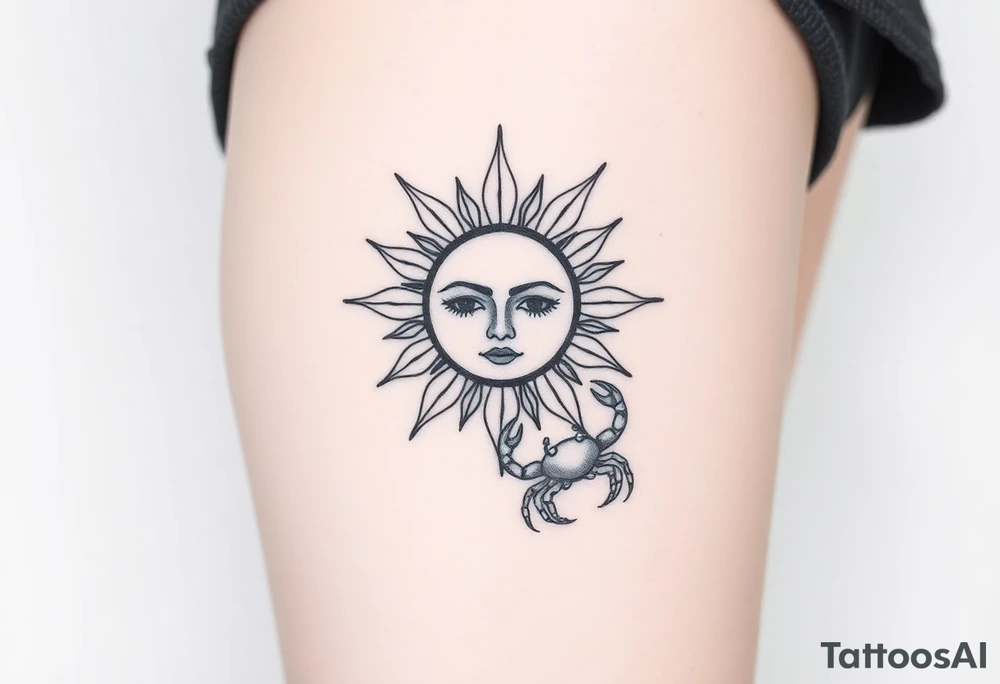 Traditional old
School sun with simple face two eyes, Sun, rose and crab old school style henna style tattoo idea