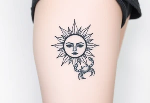 Traditional old
School sun with simple face two eyes, Sun, rose and crab old school style henna style tattoo idea