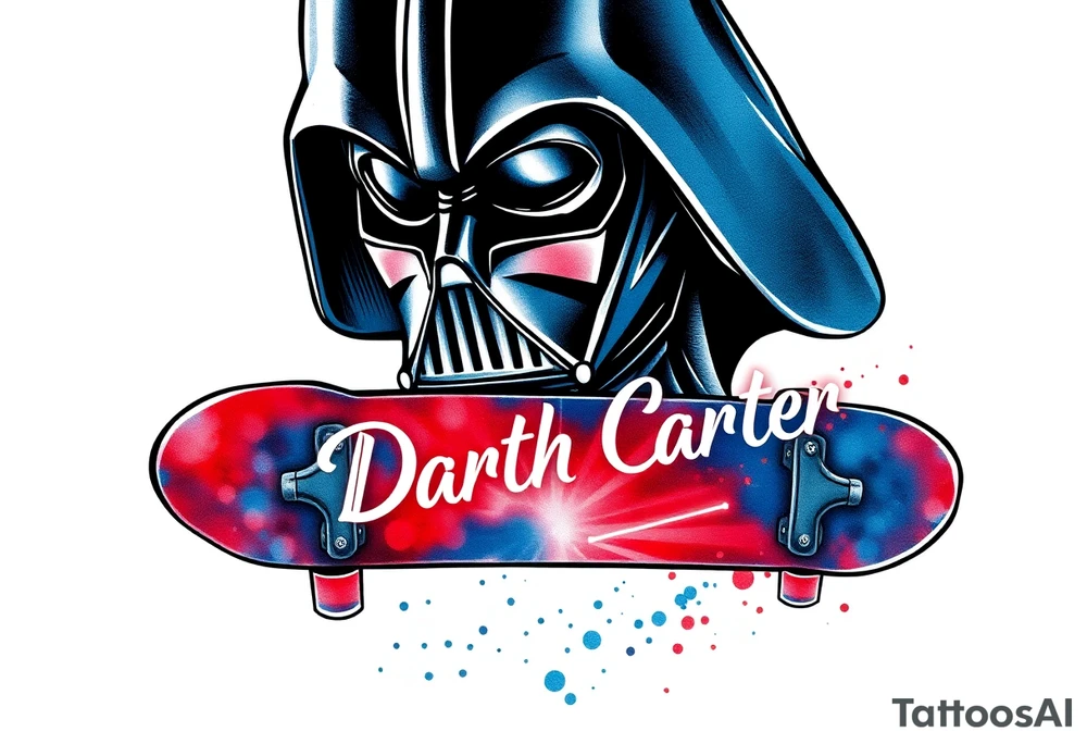 Darth Vader skateboarding >
blue & red
skateboard say "Darth Carter"
12/29/88-01/06/24 tattoo idea