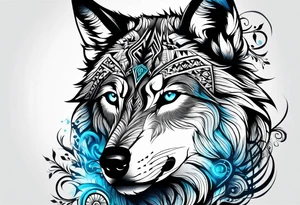 Wolf with light blue eyes between tribal figures tattoo idea