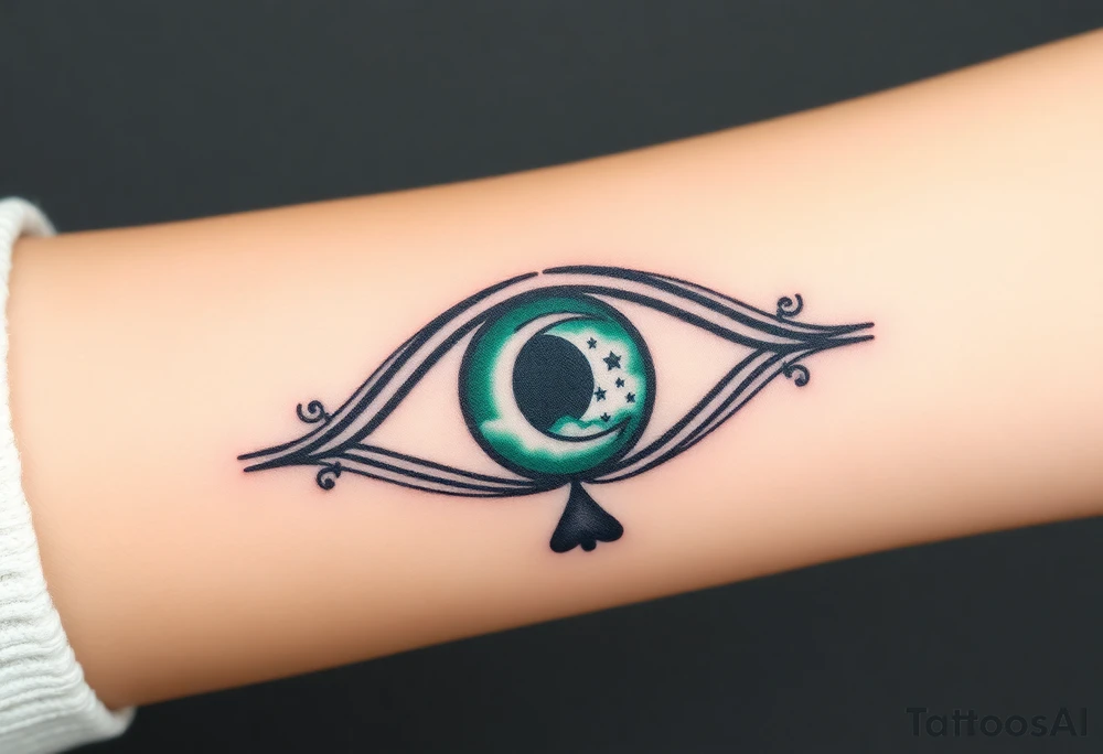 Large outline of an almond shaped eye with an ace of spades for the eyeball center colored greenish blue with a crescent moon stars and clouds inside vivid colors blue green purple tattoo idea