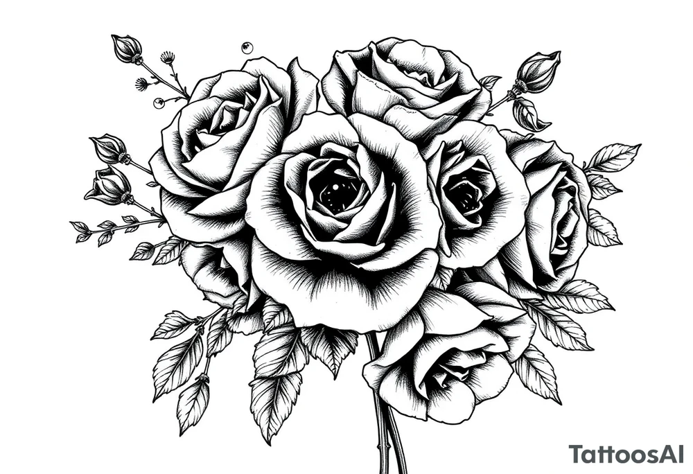 vintage bouquet of wild roses and meadow flowers with morning dew tattoo idea