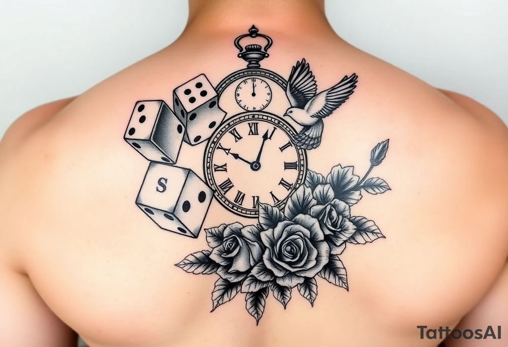 Dice cards money girls clock compass dove rose sleeve tattoo idea