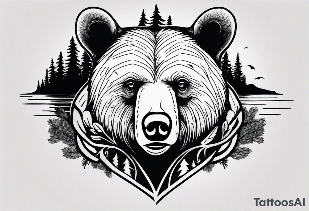 bear head right above the forest line with a lake below, full arm sleeve tattoo tattoo idea