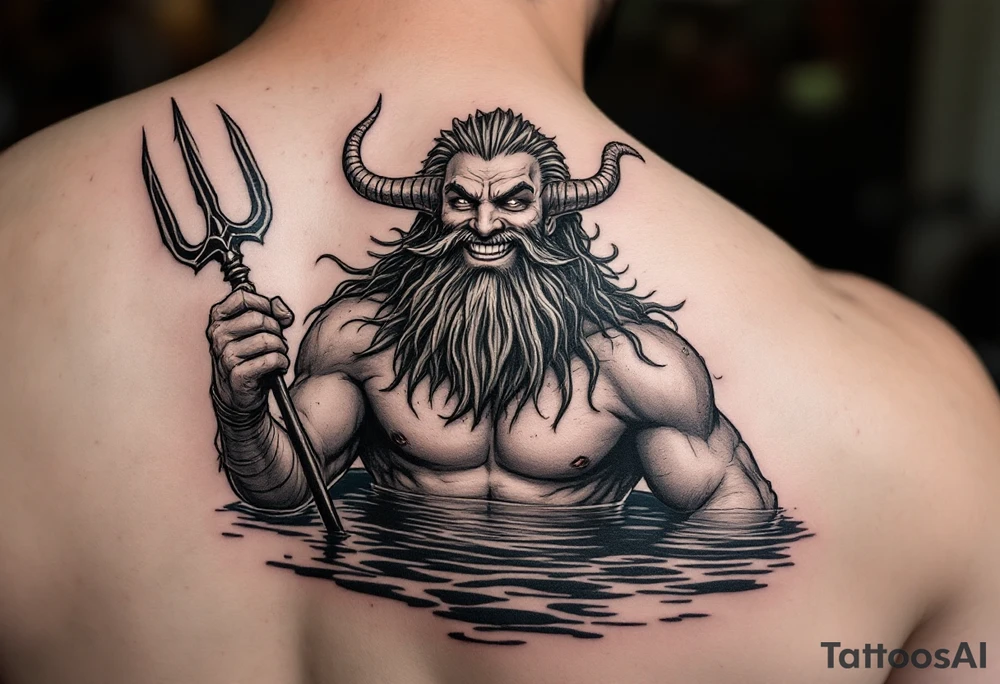 smiling poseidon, with a trident, in calm water, holding a beer tattoo idea