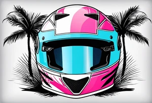 Formula 1 helment with a palm tree and black pink and light blue color tattoo idea