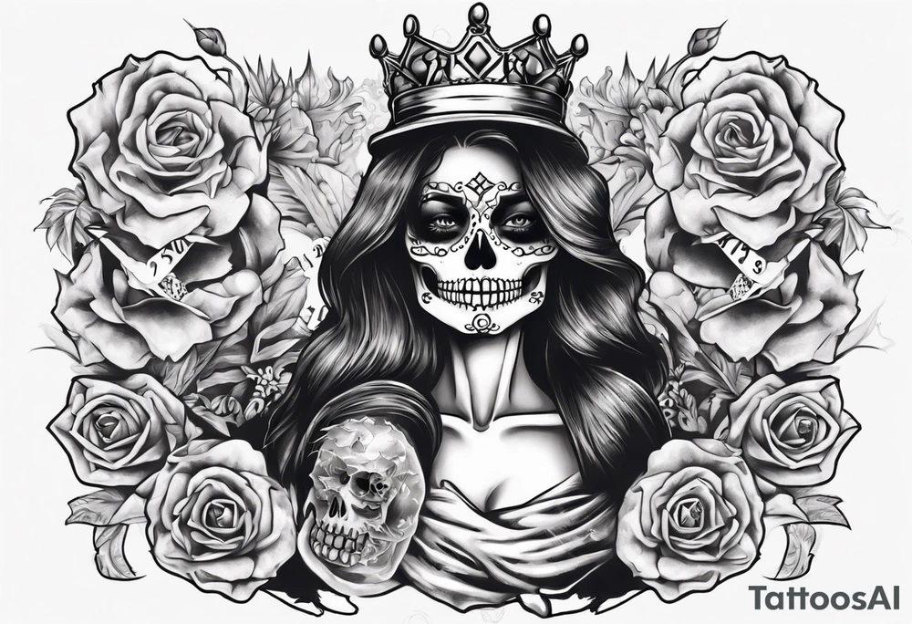 santa la muerta with money and crown
on the card tattoo idea
