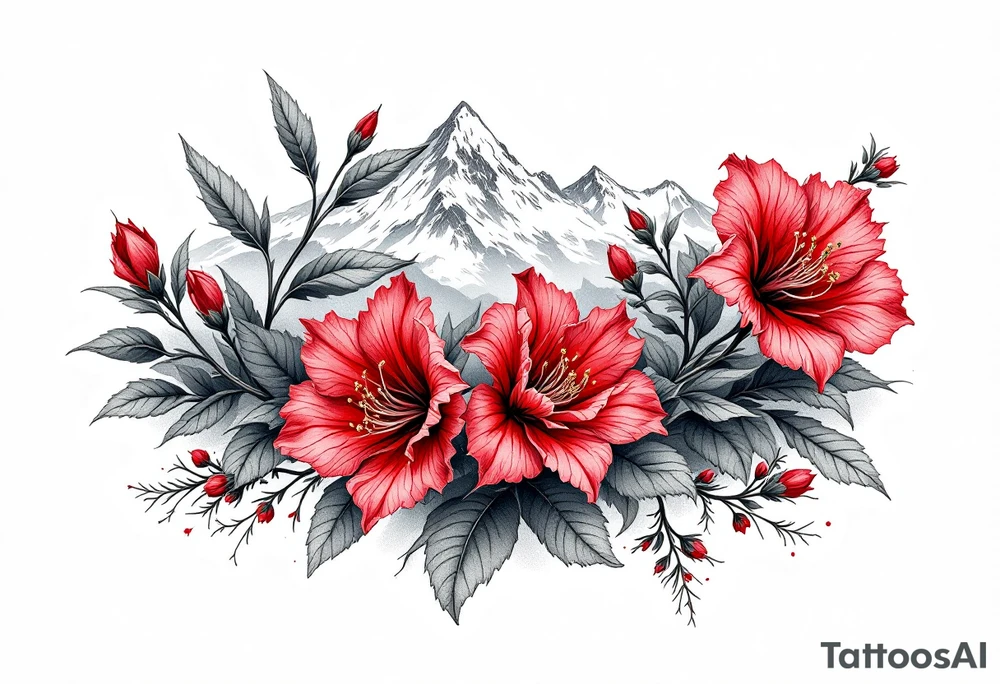 wrist size red  and black rhododendron trippy with Himalayas behind tattoo idea