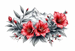wrist size red  and black rhododendron trippy with Himalayas behind tattoo idea