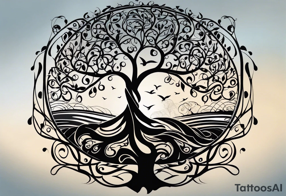 A tattoo design that incorporates the following elements: an abstract tree of life that has roots emerging  from the ground. Waves of water encapsulate the tree and wind around it in an organic way.  Incorporate music.   the letters U and A are overlapping and engraved into the tree. a golf ball incorporated but not prominent. tattoo idea