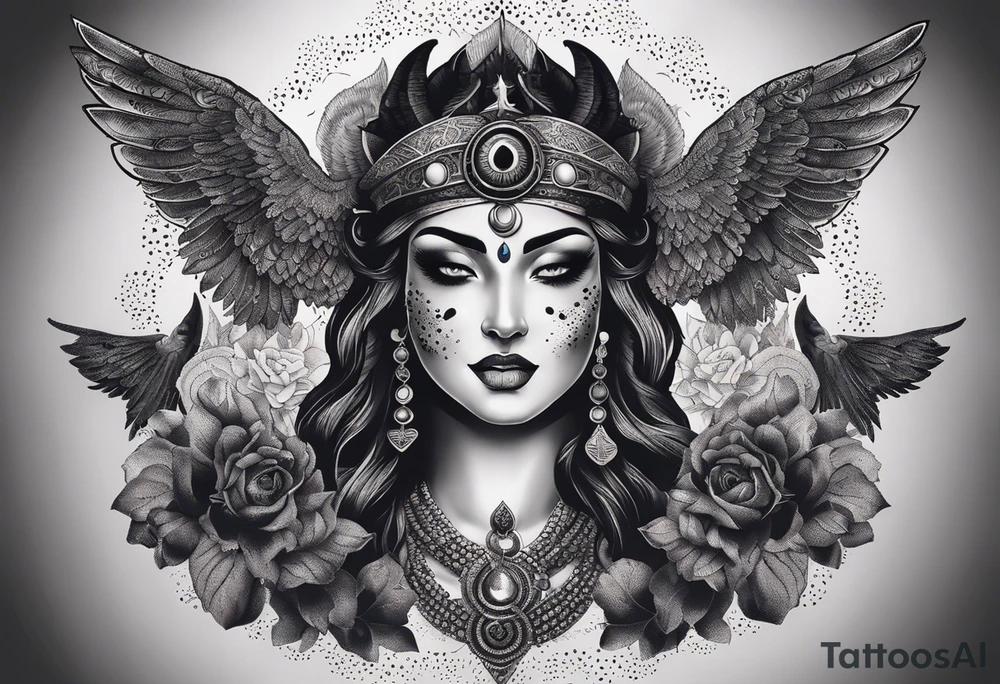 black kali, goddess pirate, alien, angel, pachamama, valkrye, warrior, flying, skull, lotus azul, wing, eagle, zenza resonance, stars, 5D, anahata chakra, death, durga, riding on a tiger, flying lady, kundalini, chest tatoo, samuri, rebel,s erpent tattoo idea