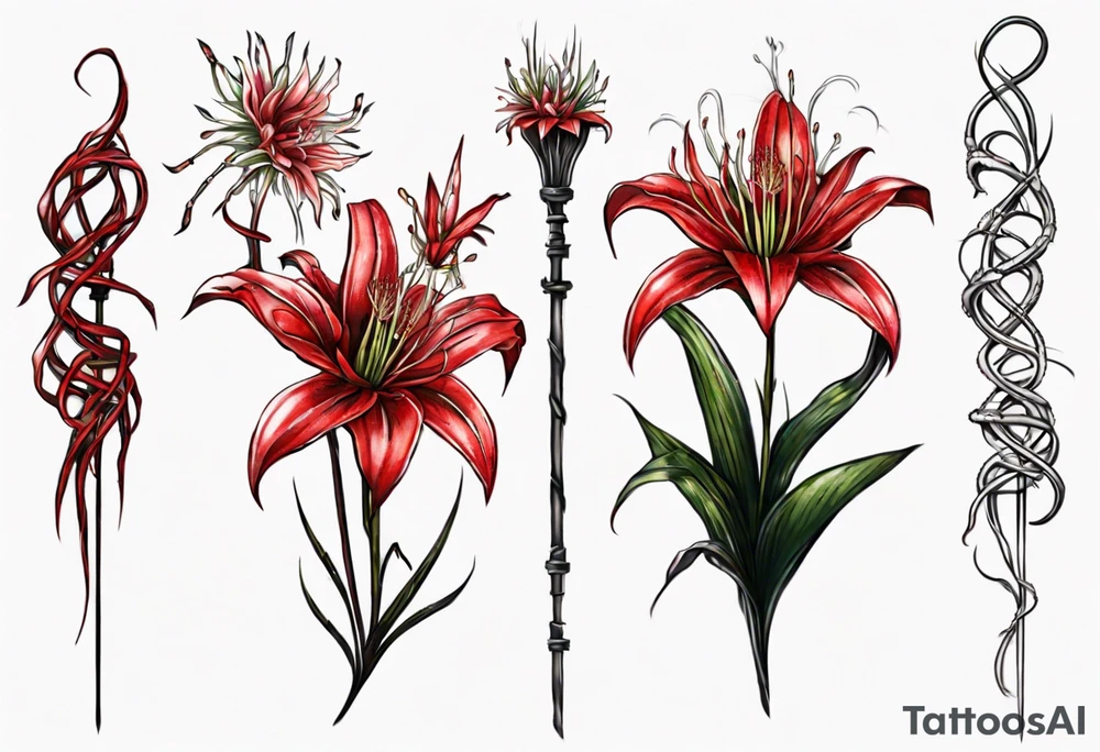 Red spiked spider lily with snake wrapped around stem for forearm tattoo idea