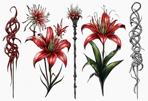 Red spiked spider lily with snake wrapped around stem for forearm tattoo idea
