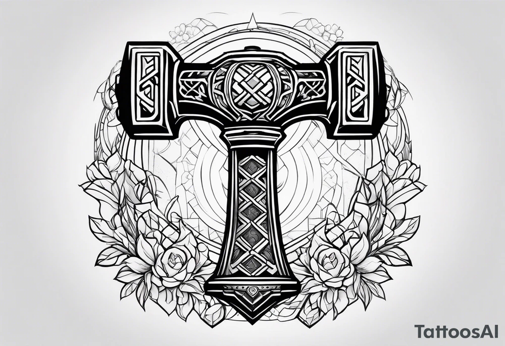 Design a powerful hammer tattoo inspired by Thor's Mjolnir. tattoo idea