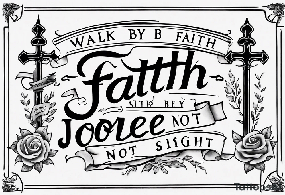 “walk by faith, not by sight” with an elegant script font. Integrate a subtle stairwell wrapping around the quote. This design captures the essence of the journey guided by faith. tattoo idea
