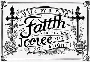“walk by faith, not by sight” with an elegant script font. Integrate a subtle stairwell wrapping around the quote. This design captures the essence of the journey guided by faith. tattoo idea