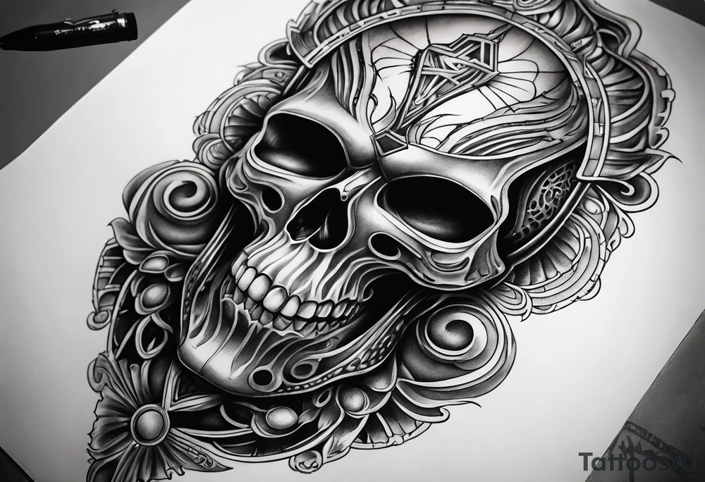 H.R Giger style knee tattoo with skulls tattoo idea