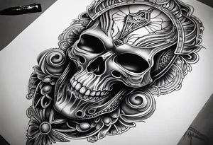 H.R Giger style knee tattoo with skulls tattoo idea