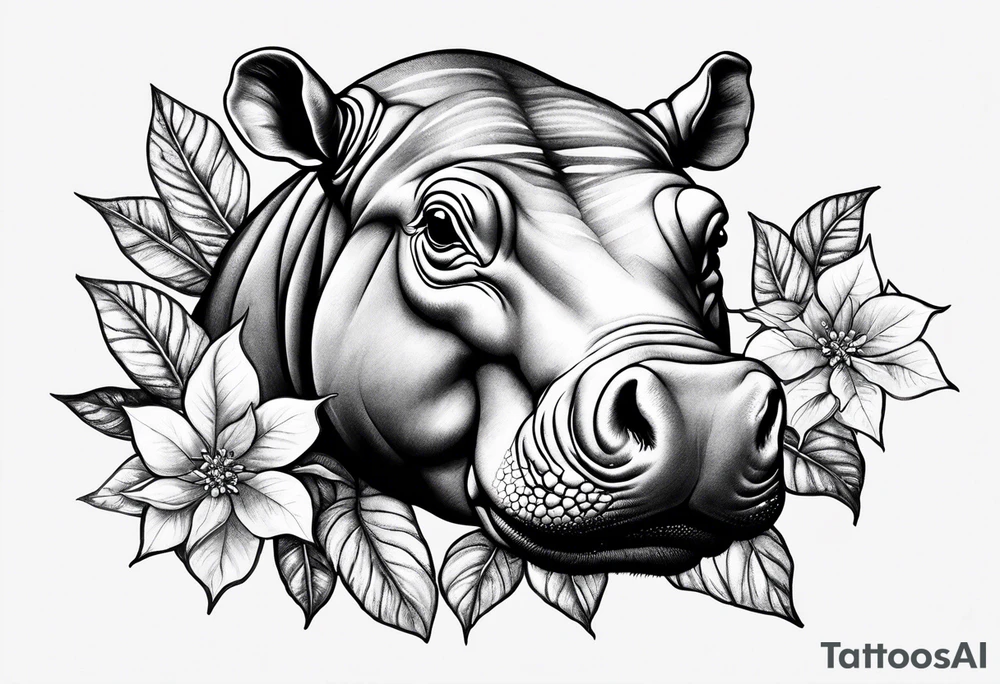 Baby hippo with poinsettia tattoo idea