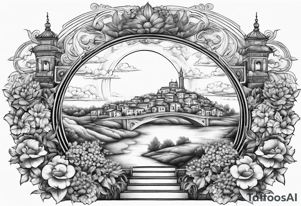 heaven town with arch
 in circle vignette surrounded by clouds flowers tattoo idea