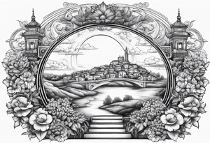 heaven town with arch
 in circle vignette surrounded by clouds flowers tattoo idea