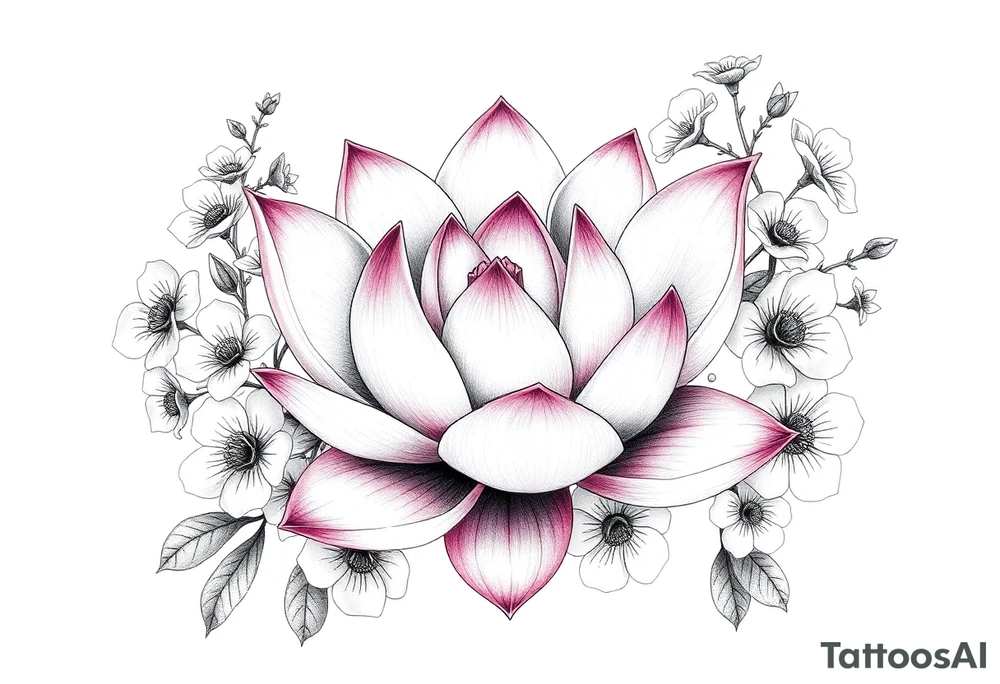 Lotus flower surrounded by forget me nots and peonies tattoo idea