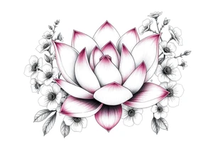 Lotus flower surrounded by forget me nots and peonies tattoo idea